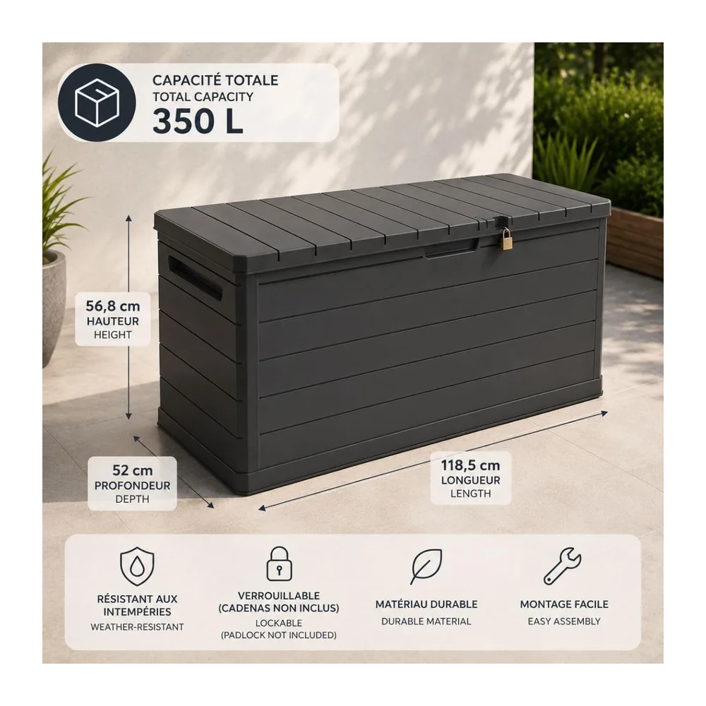 Art Plast - Coffre de Rangement extérieur 350L - Coffre de Jardin Gris 118.5x52x57cm