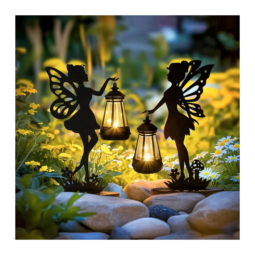 GIGALUMI Lot de 2 Statues de Fée en Fer avec Lampes Solaires - Décorations de Jardin