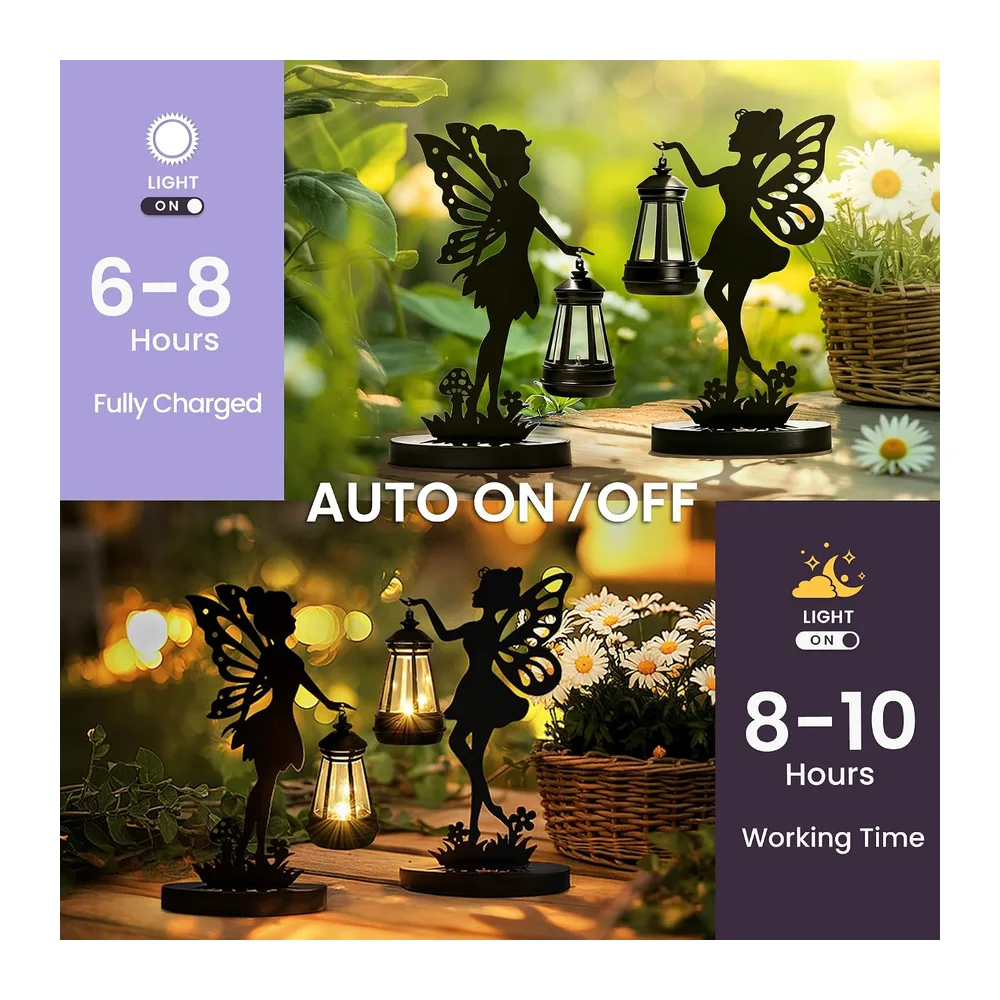 GIGALUMI Lot de 2 Statues de Fée en Fer avec Lampes Solaires - Décorations de Jardin