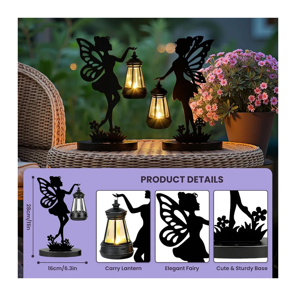 GIGALUMI Lot de 2 Statues de Fée en Fer avec Lampes Solaires - Décorations de Jardin