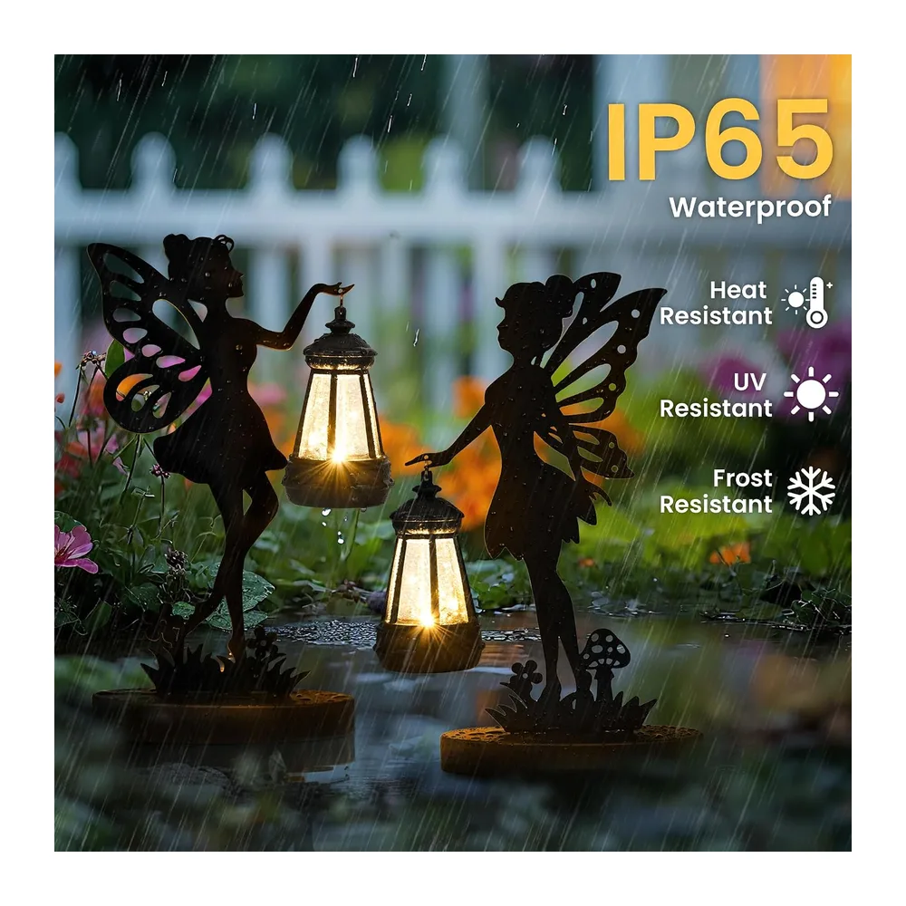 GIGALUMI Lot de 2 Statues de Fée en Fer avec Lampes Solaires - Décorations de Jardin