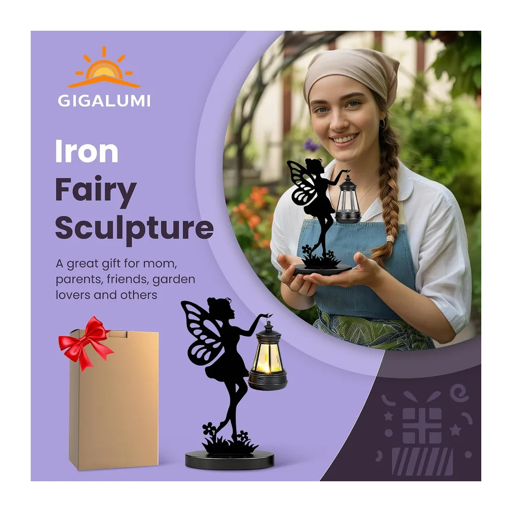 GIGALUMI Lot de 2 Statues de Fée en Fer avec Lampes Solaires - Décorations de Jardin