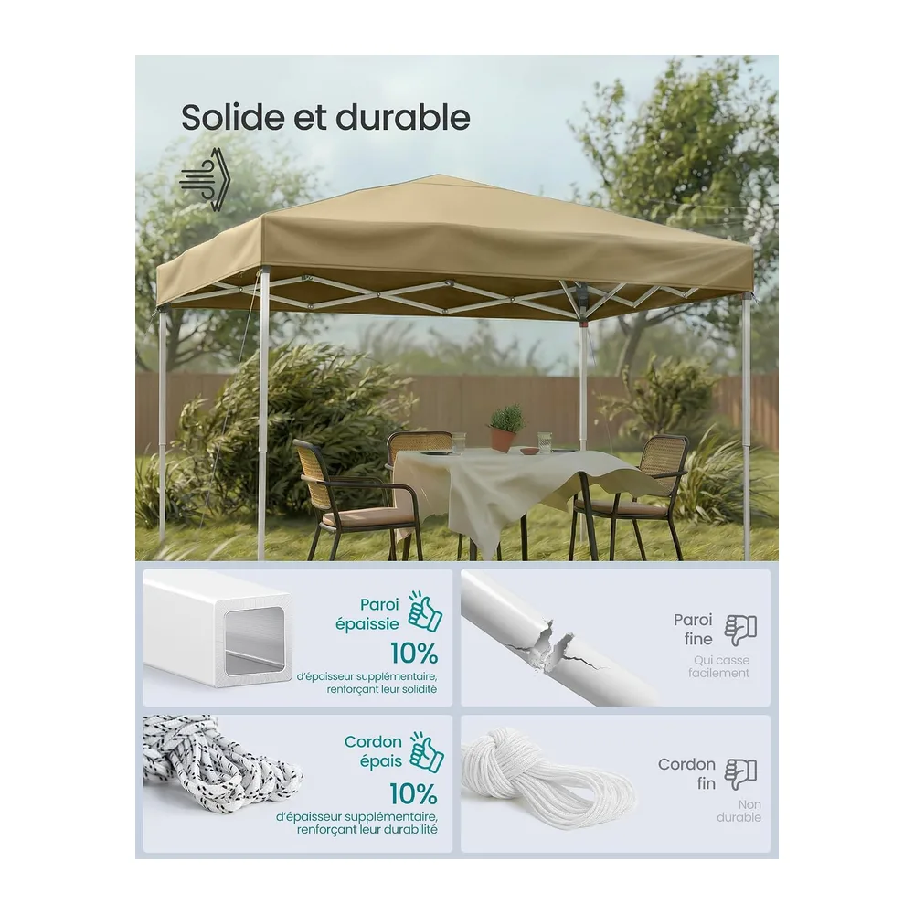SONGMICS Tonnelle 3 x 3 m, Chapiteau Pliable, Protection Solaire, Résistante aux Petites