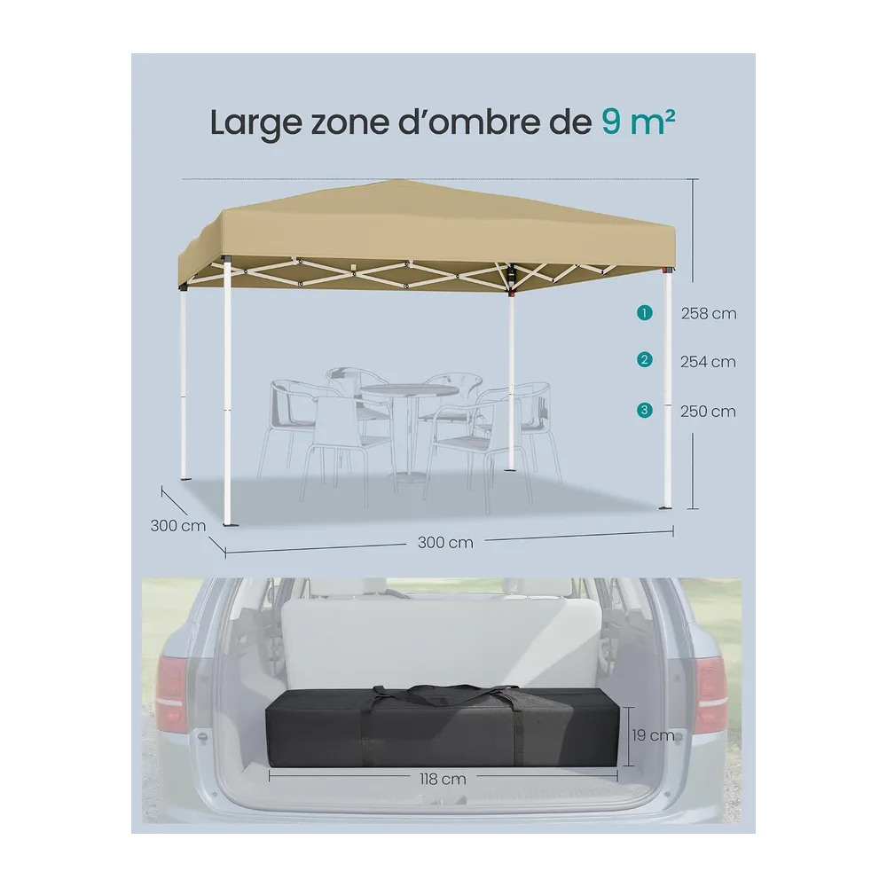 SONGMICS Tonnelle 3 x 3 m, Chapiteau Pliable, Protection Solaire, Résistante aux Petites