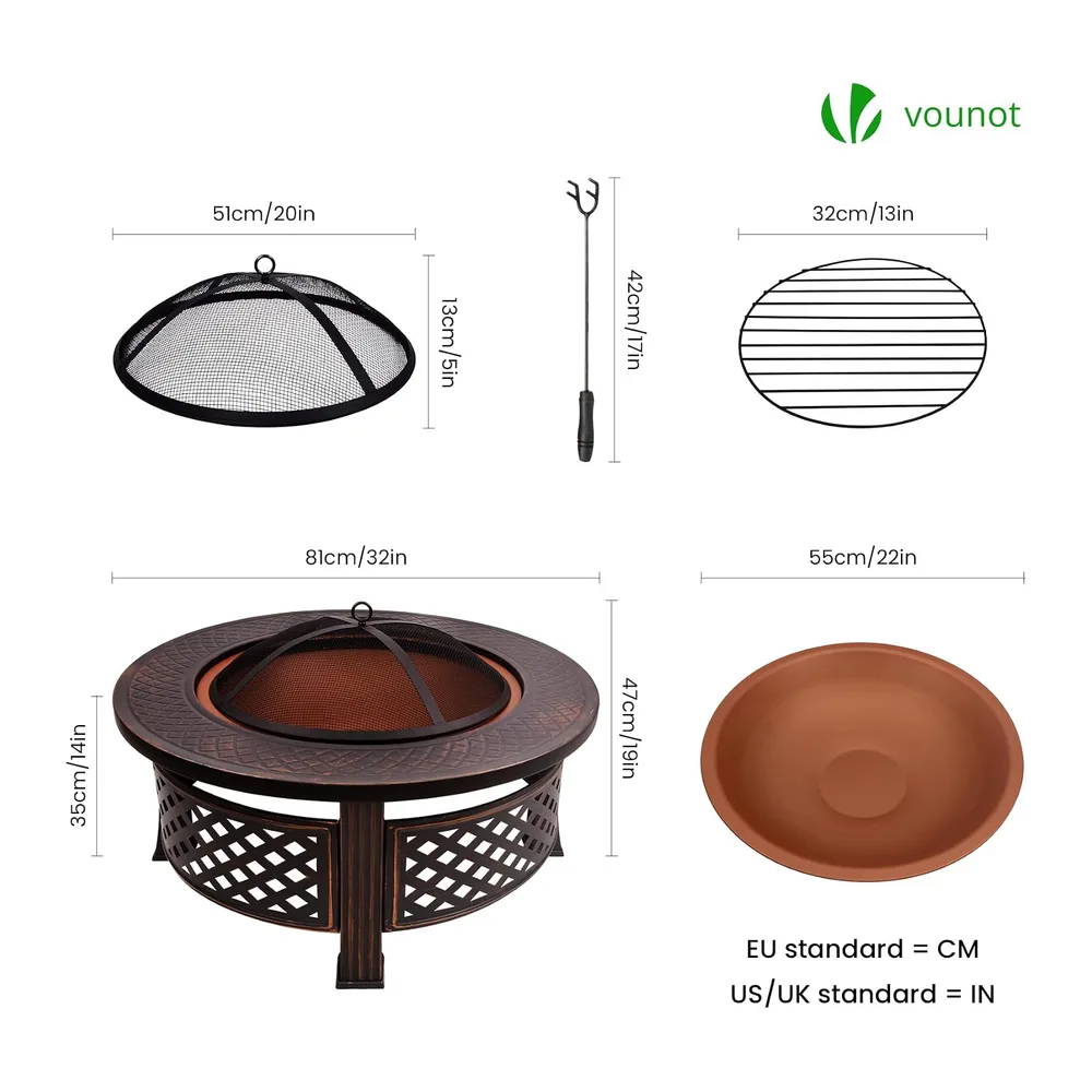 VOUNOT® Brasero Extérieur Ø81cm en Métal avec Pare Étincelles Couvercle et Tisonnier