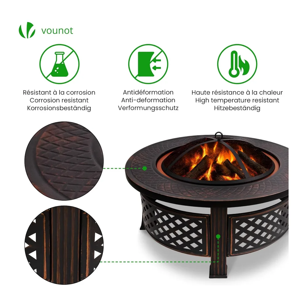 VOUNOT® Brasero Extérieur Ø81cm en Métal avec Pare Étincelles Couvercle et Tisonnier