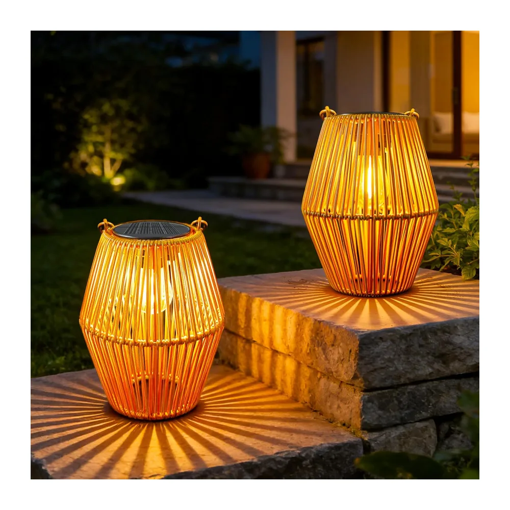 Ollny Lanternes Solaire Exterieur, 2 Pièces, Rotin Bohème, Blanc Chaud