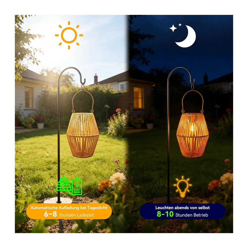 Ollny Lanternes Solaire Exterieur, 2 Pièces, Rotin Bohème, Blanc Chaud