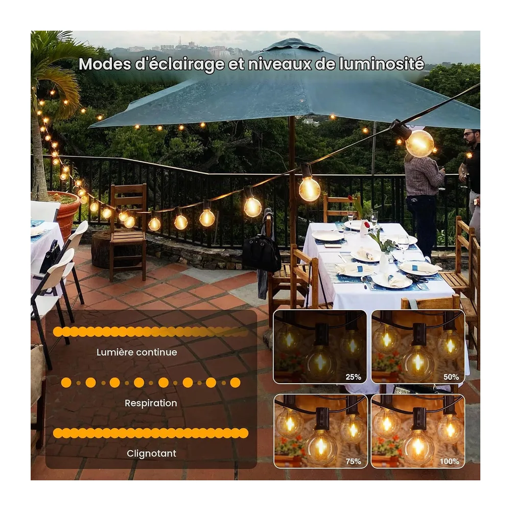 Ollny Guirlande Lumineuse Exterieure 20m 25+2 Ampoule G40 LED, Télécommande