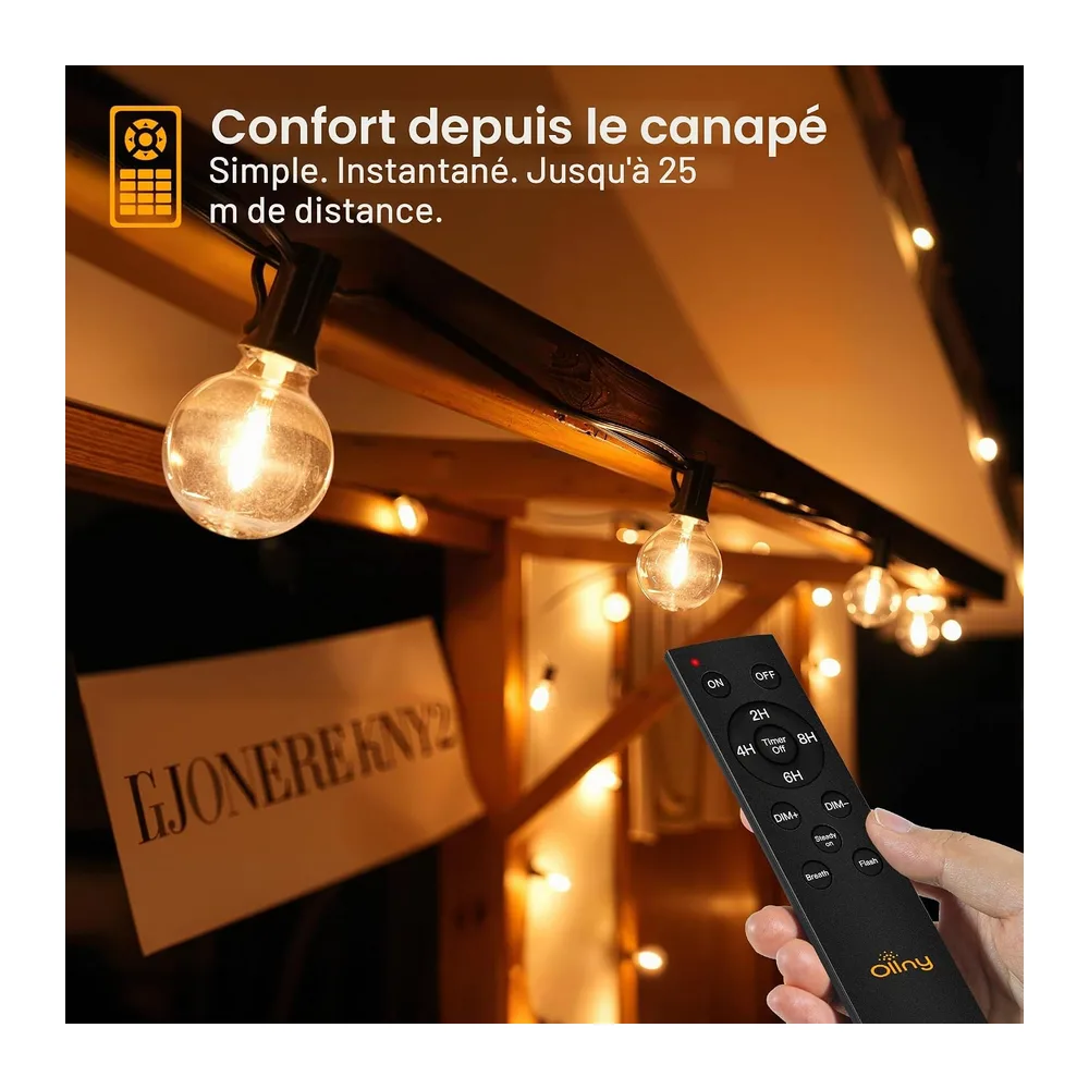 Ollny Guirlande Lumineuse Exterieure 20m 25+2 Ampoule G40 LED, Télécommande