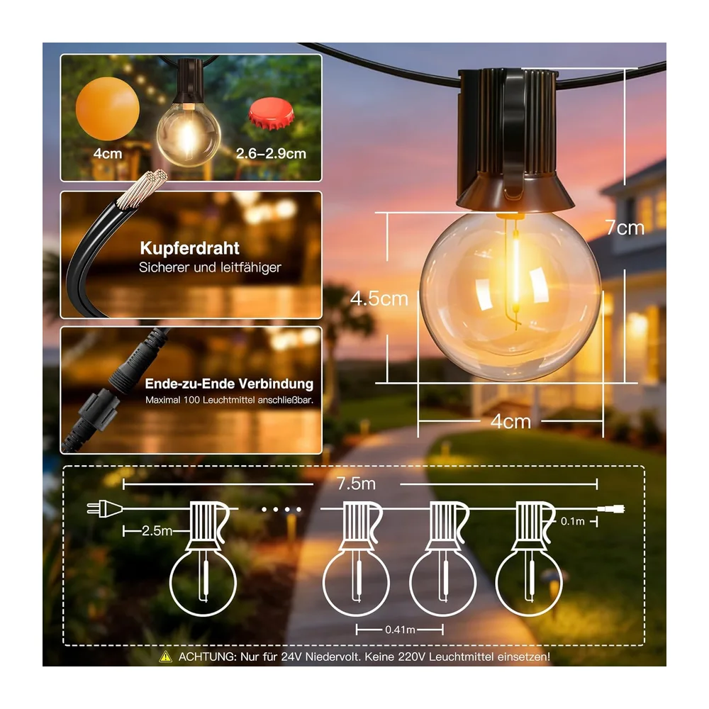 Ollny Guirlande Lumineuse Exterieure 5m, 13+1 Ampoules G40 LED, Blanc Chaud