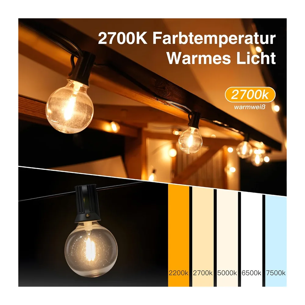 Ollny Guirlande Lumineuse Exterieure 5m, 13+1 Ampoules G40 LED, Blanc Chaud