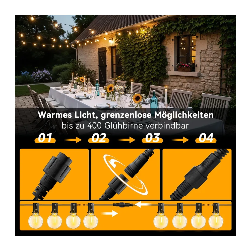 Ollny Guirlande Lumineuse Exterieure 5m, 13+1 Ampoules G40 LED, Blanc Chaud