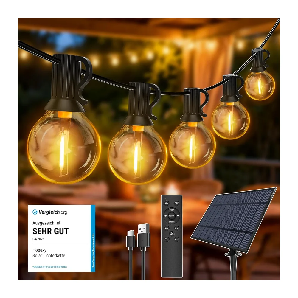 Guirlande lumineuse solaire d'extérieur 10 m avec 16 + 1 ampoules LED, G40, résistant aux