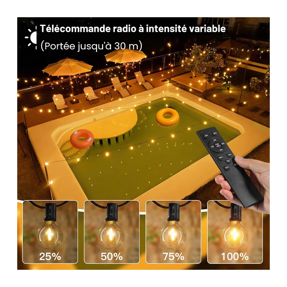 Guirlande lumineuse solaire d'extérieur 10 m avec 16 + 1 ampoules LED, G40, résistant aux