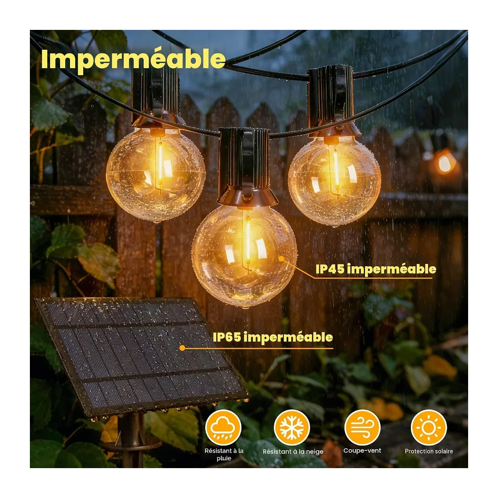 Guirlande lumineuse solaire d'extérieur 10 m avec 16 + 1 ampoules LED, G40, résistant aux