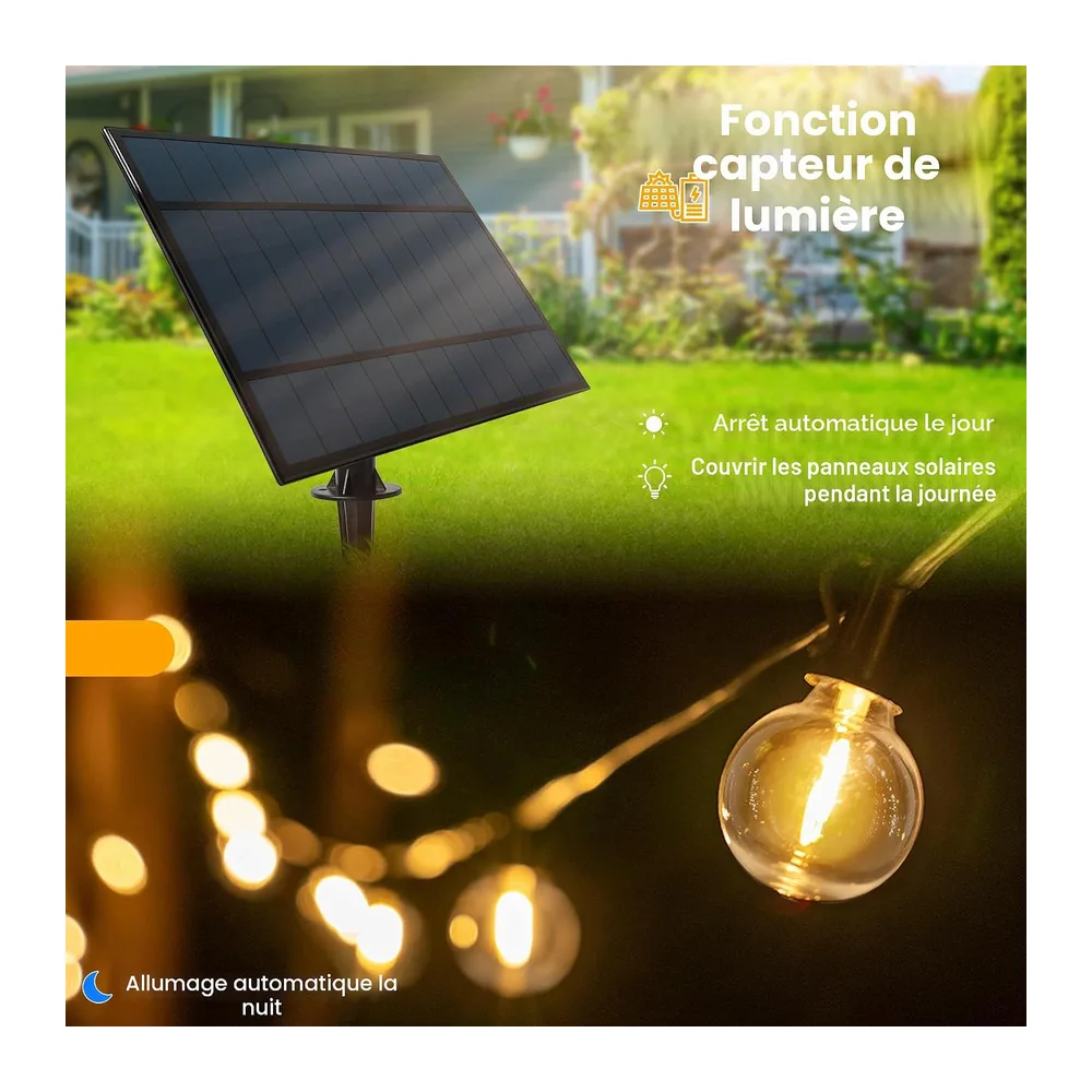 Guirlande lumineuse solaire d'extérieur 10 m avec 16 + 1 ampoules LED, G40, résistant aux