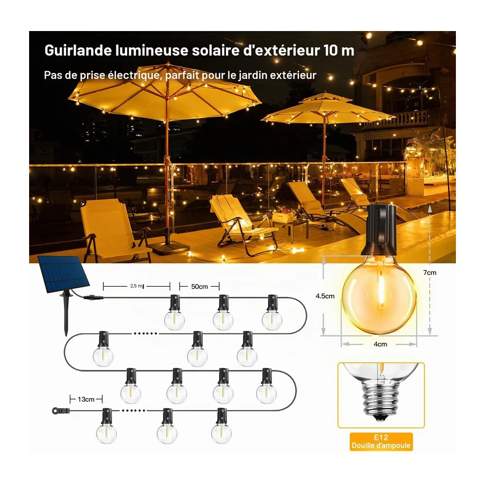 Guirlande lumineuse solaire d'extérieur 10 m avec 16 + 1 ampoules LED, G40, résistant aux