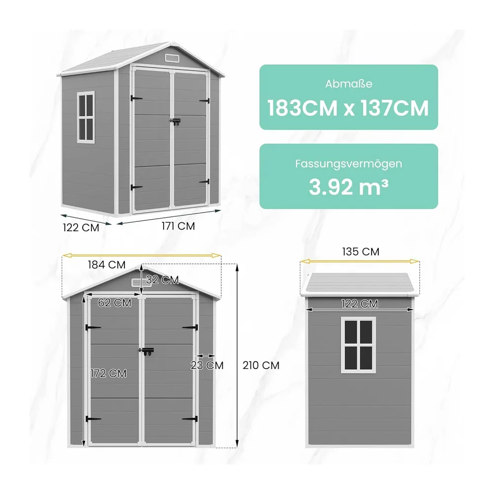UDPATIO Abri de Jardin en Résine 12mm 184x135x210cm, 3.9 m³ - Cabane de Jardin Extérieur