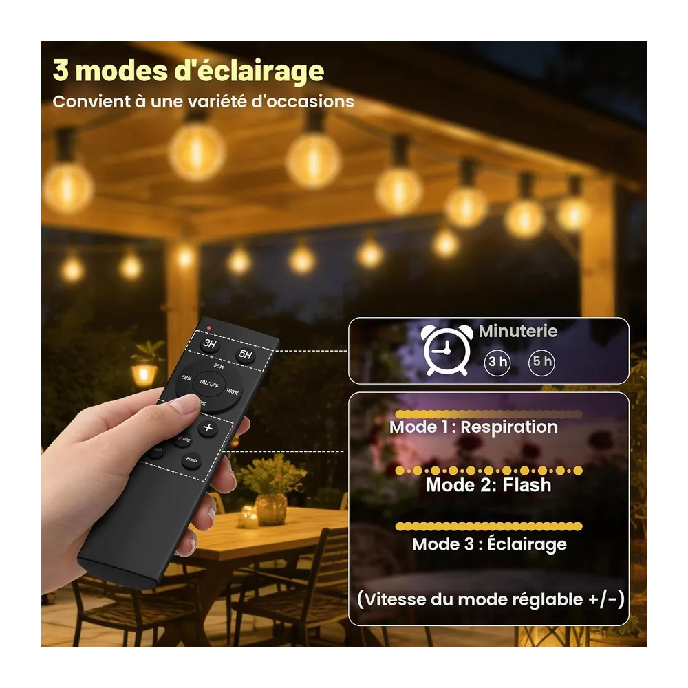 Guirlande Guinguette Exterieure avec Télécommande, 30M Dimmable Guirlande Lumineuse