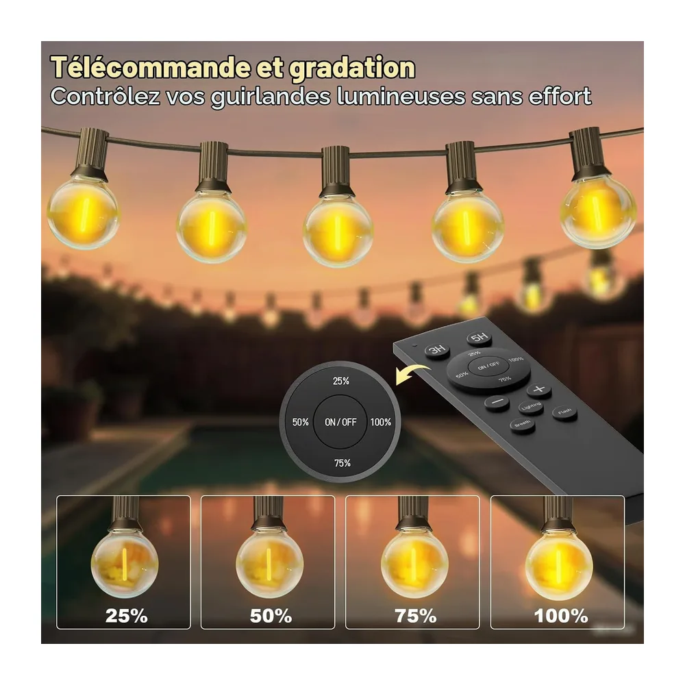 Guirlande Guinguette Exterieure avec Télécommande, 30M Dimmable Guirlande Lumineuse