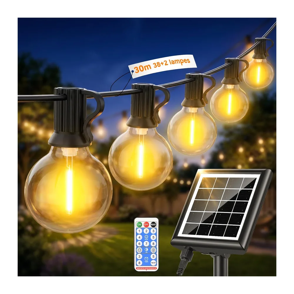 Guirlande Solaire Exterieur Lumineuse LED - 30M avec Télécommande 38+2 Ampoules G40
