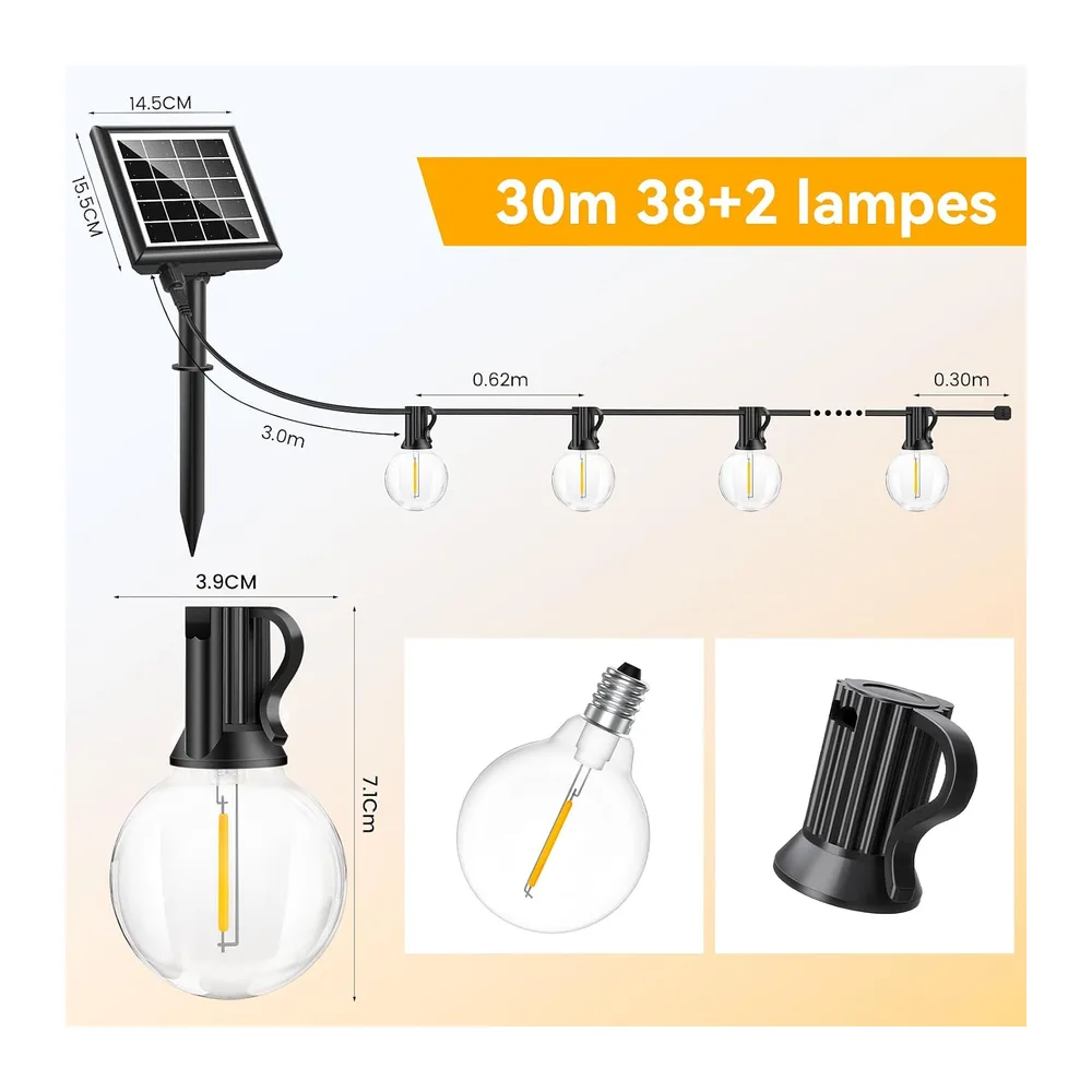 Guirlande Solaire Exterieur Lumineuse LED - 30M avec Télécommande 38+2 Ampoules G40