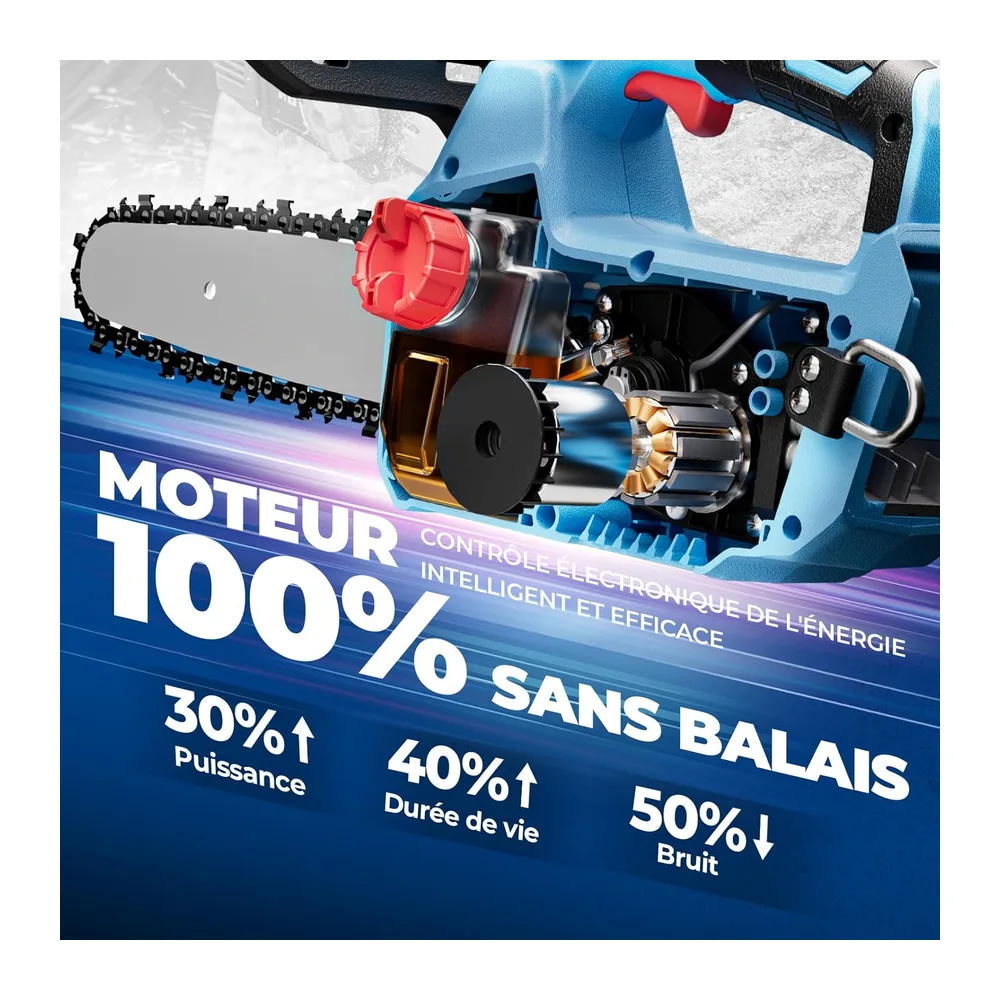 DongCheng Tronconneuse a batterie 20V, Brushless 900W, 25cm de coupe, 2×4Ah