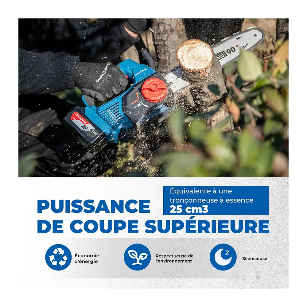 DongCheng Tronconneuse a batterie 20V, Brushless 900W, 25cm de coupe, 2×4Ah