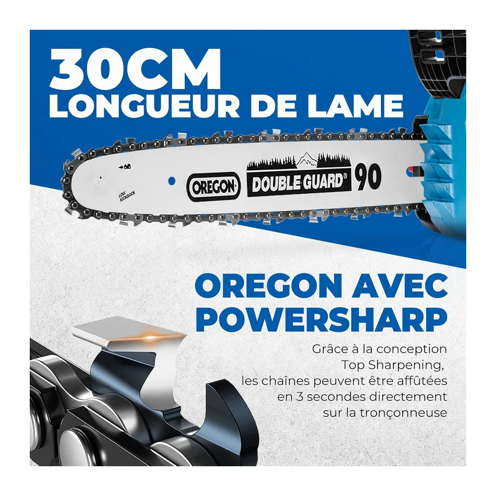 DongCheng Tronconneuse a batterie 20V, Brushless 900W, 25cm de coupe, 2×4Ah