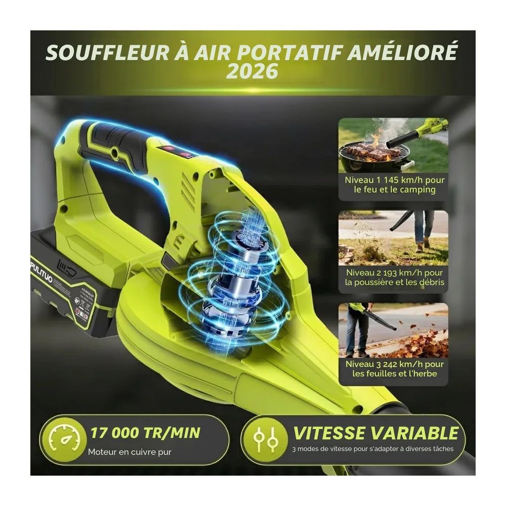 Souffleur de Feuilles sans Fil avec 2 Batteries 4000 mAh et Chargeur, 242 km/h, Souffleur