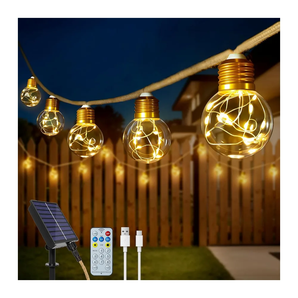 Ollny Guirlande Lumineuse Exterieure Solaire 12 m, 24 Ampoules G50, Corde