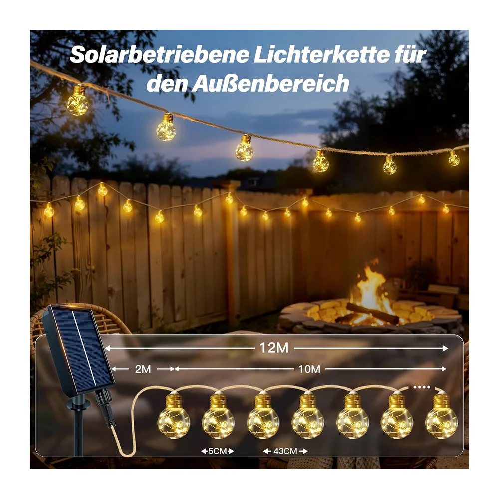Ollny Guirlande Lumineuse Exterieure Solaire 12 m, 24 Ampoules G50, Corde