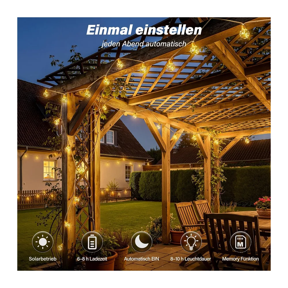 Ollny Guirlande Lumineuse Exterieure Solaire 12 m, 24 Ampoules G50, Corde