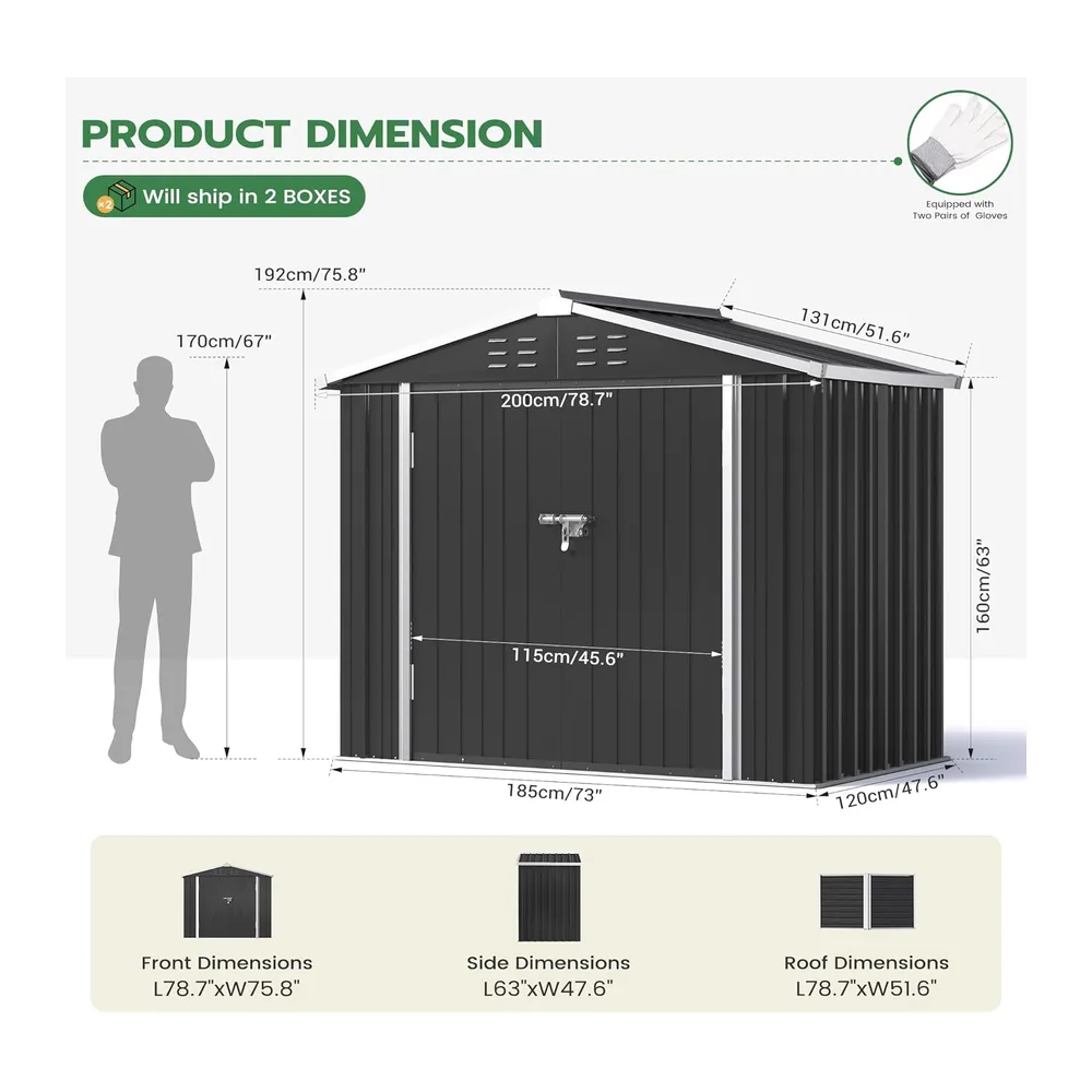 Amopatio Abri de Jardin Metal, Cabane de Jardin Exterieur, 196 x 119 x 185cm, Armoire