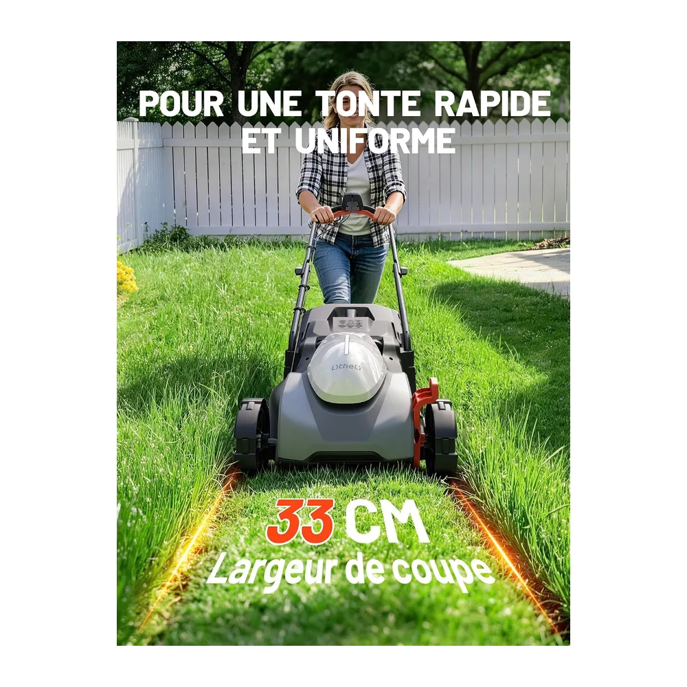 Litheli Tondeuse à Gazon sans Fil 20V, 33 cm, Batterie 5,0Ah Incluse, Moteur Brushless