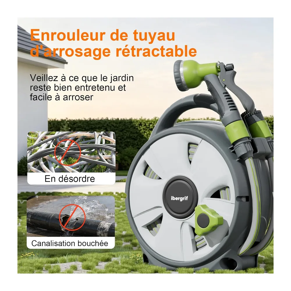Ibegrif M22220 Enrouleur de tuyau d'arrosage 10m Avec Pistolet d'arrosage à 8 Fonctions