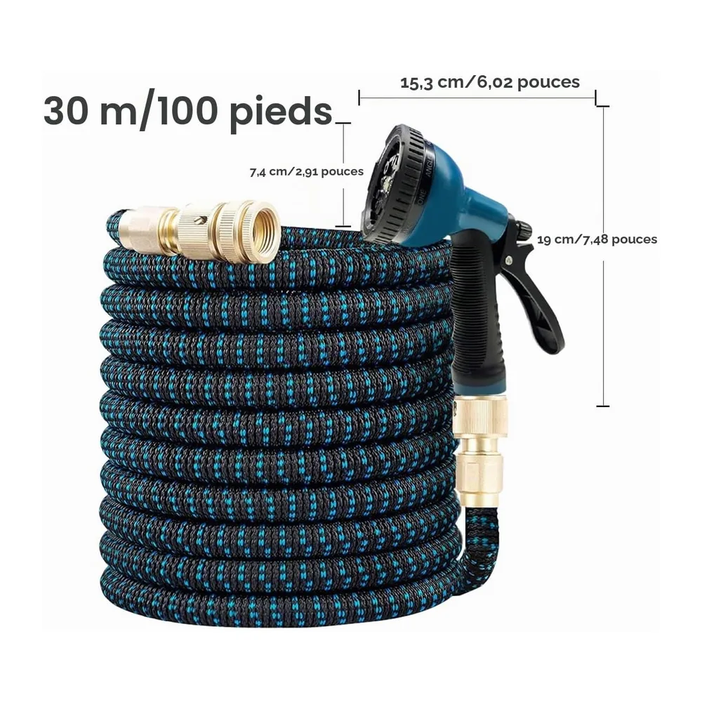 Tuyau d'Arrosage Extensible 30m/100ft, Tuyau Rétractable avec Adaptateur 1/2" et 3/4", 10