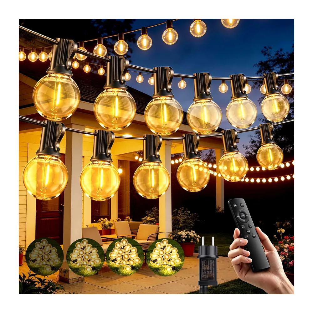 Guirlande Lumineuse Exterieure 20M Avec Télécommande, Avec 25+2 G40 Ampoules, Blanc