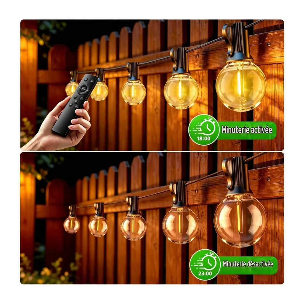 Guirlande Lumineuse Exterieure 20M Avec Télécommande, Avec 25+2 G40 Ampoules, Blanc