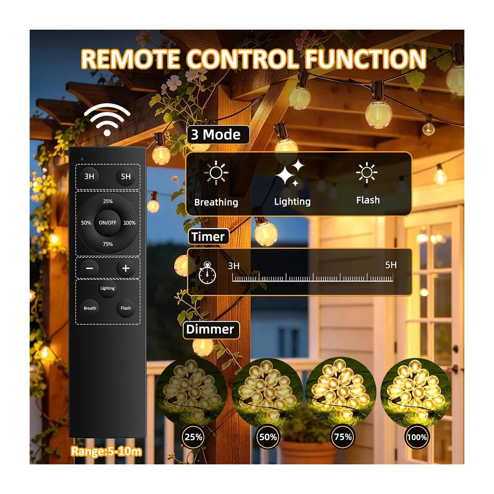 Guirlande Lumineuse Exterieure 20M Avec Télécommande, Avec 25+2 G40 Ampoules, Blanc