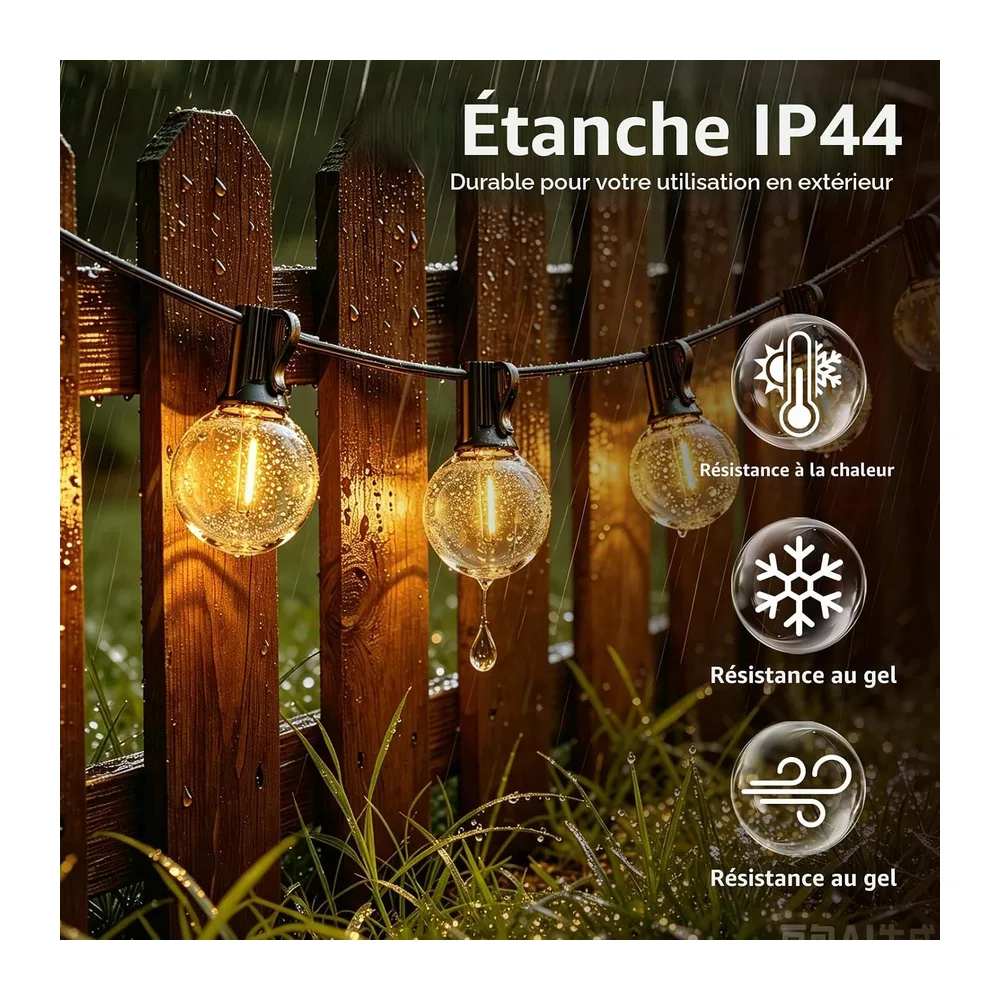 Guirlande Lumineuse Exterieure 20M Avec Télécommande, Avec 25+2 G40 Ampoules, Blanc