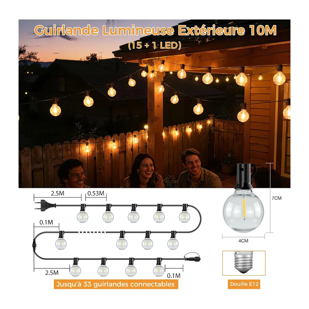 HeiPard Guirlande Lumineuse Exterieure 10M, 15+1 G40 Ampoules