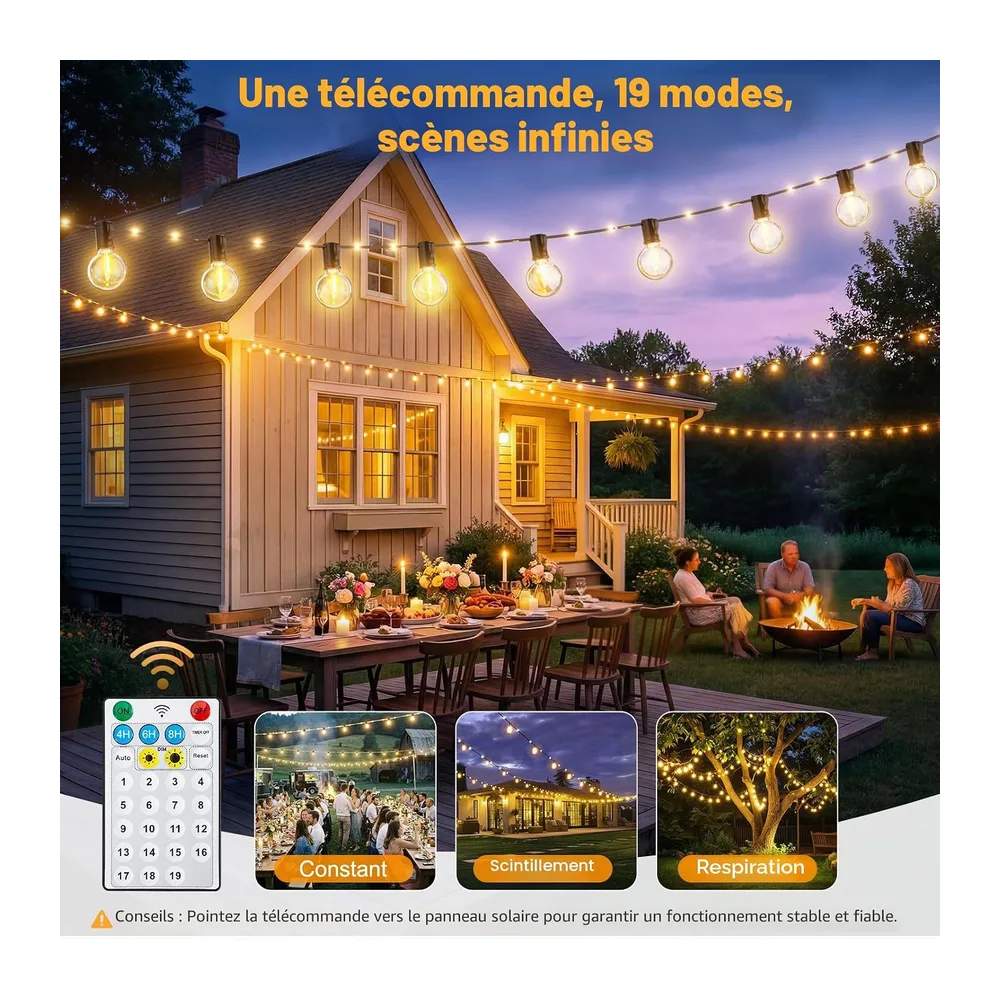 Guirlande Solaire Exterieur, 12M/39.4Ft Guirlande Lumineuse Solaire avec 14+1 G40