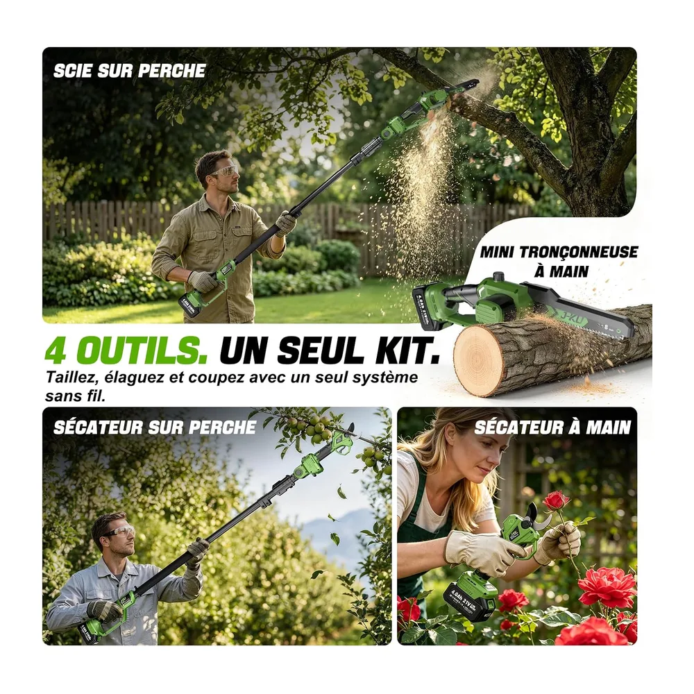 J-KU Élagueuse sur Perche 4 en 1 sans Fil avec Batterie, Mini Tronçonneuse 20 cm (8