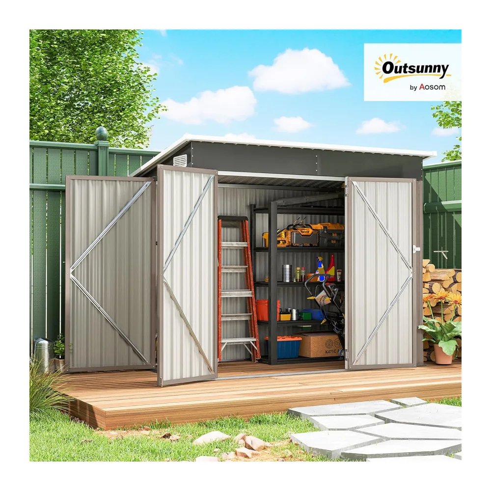Outsunny Abri de Jardin Métal 3m² Gants Aérations 249x121x183cm Gris Clair