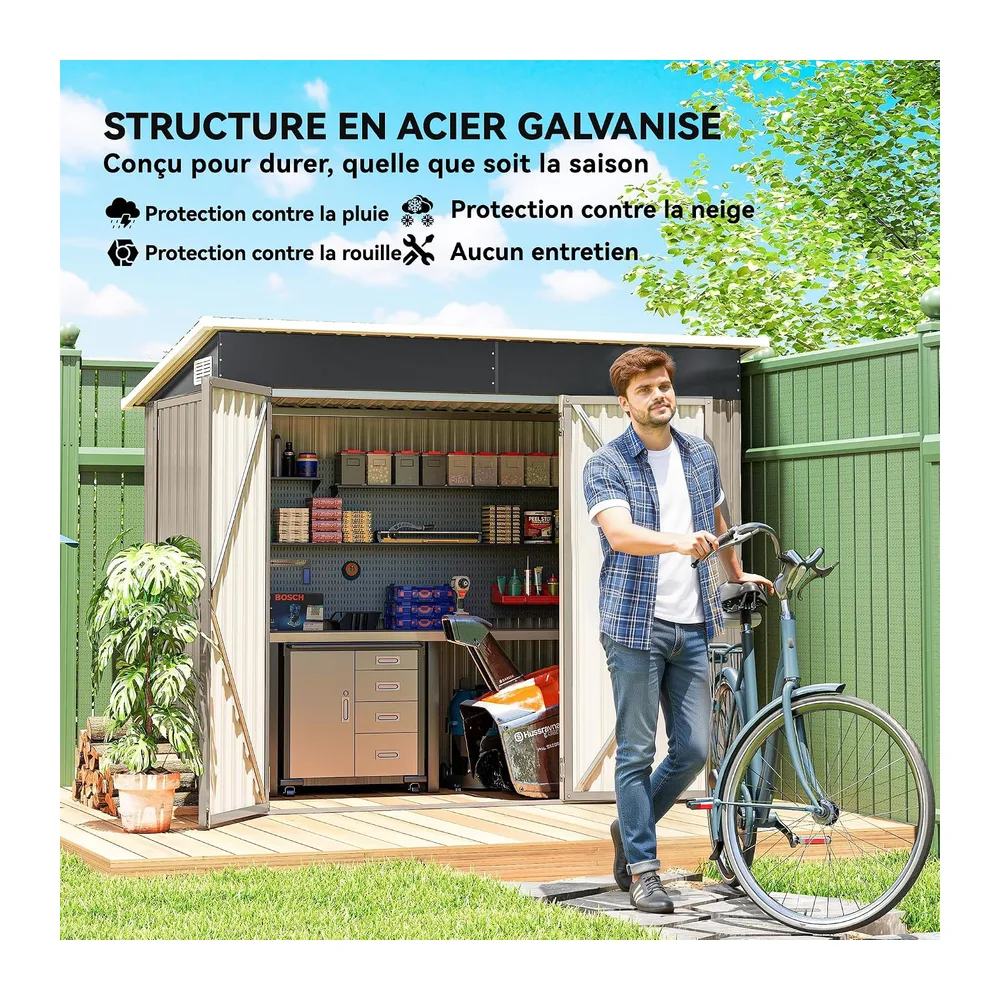 Outsunny Abri de Jardin Métal 3m² Gants Aérations 249x121x183cm Gris Clair