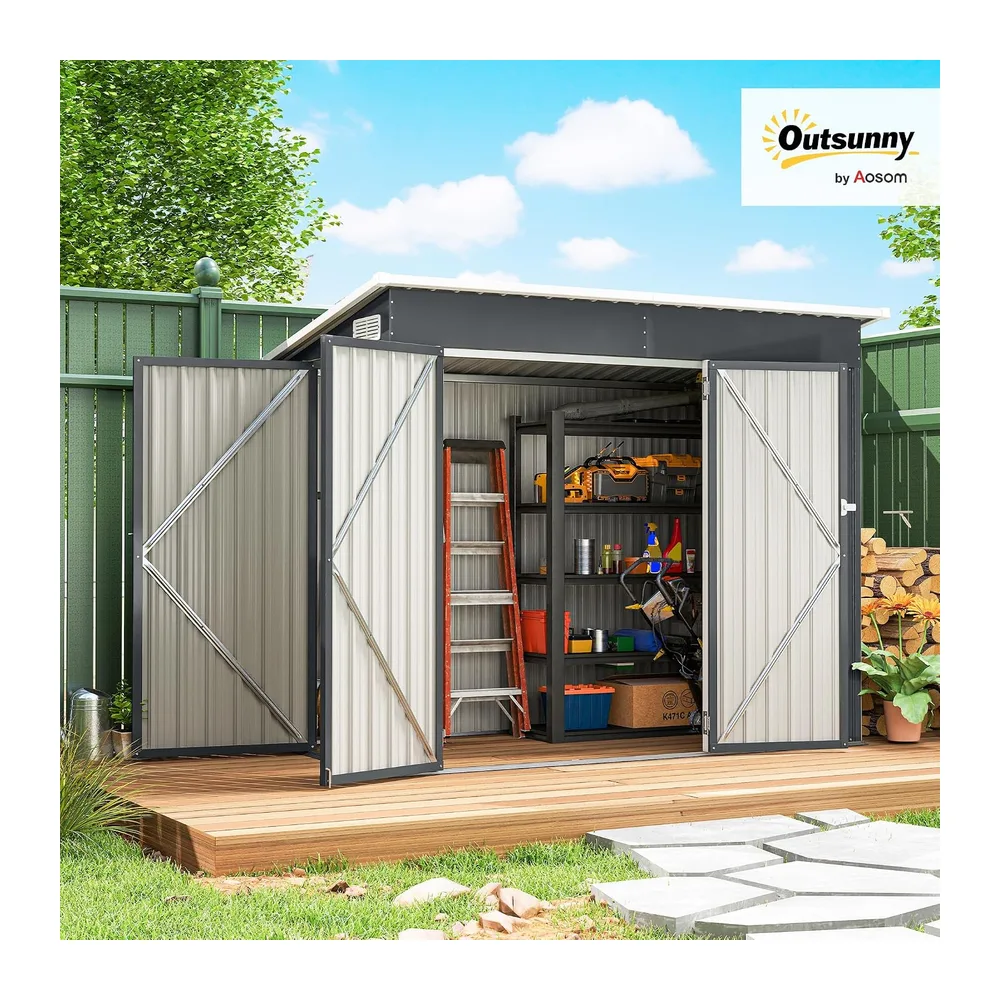Outsunny Abri de Jardin Métal 3m² Gants Aérations 249x121x183cm Gris Foncé