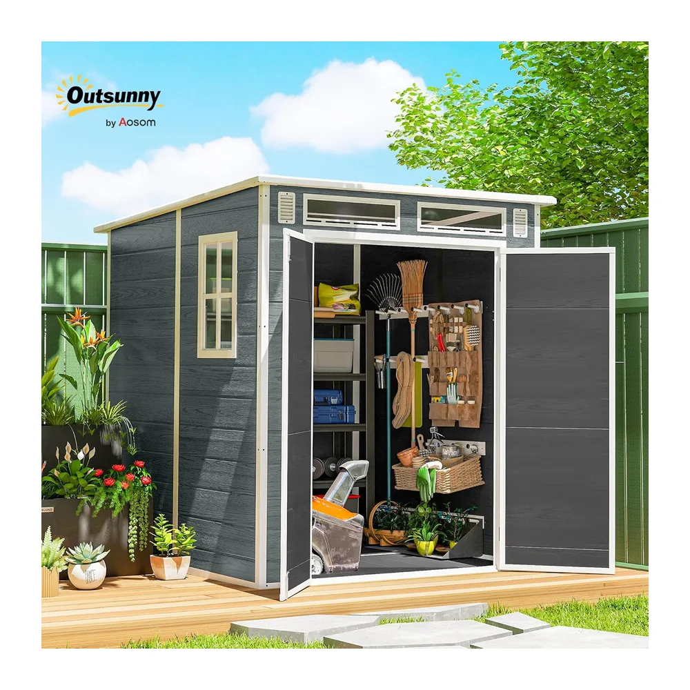 Outsunny Abri de Jardin en Résine Double Porte 3,3 m² Gris Effet Bois