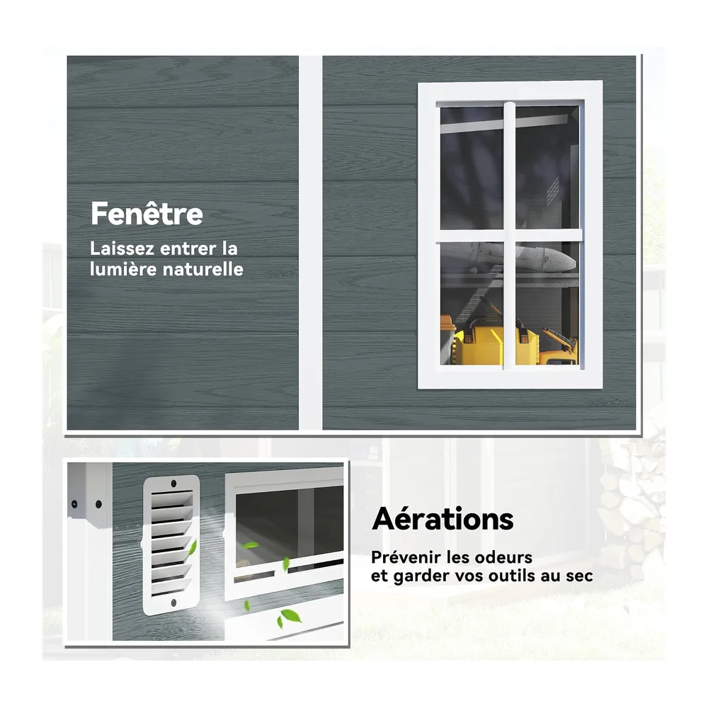 Outsunny Abri de Jardin en Résine Double Porte 3,3 m² Gris Effet Bois